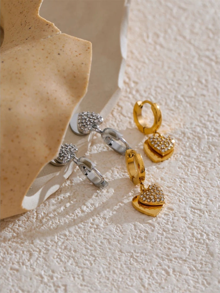Double heart cubic zirconia drop hoop earrings - product image