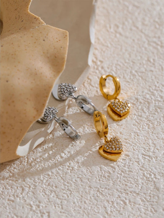 Double heart cubic zirconia drop hoop earrings - product image