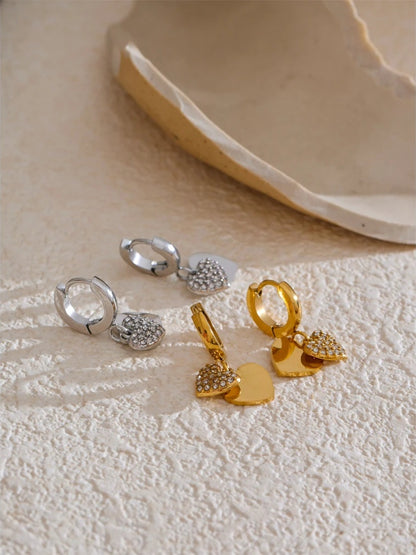 Double heart cubic zirconia drop hoop earrings - product image
