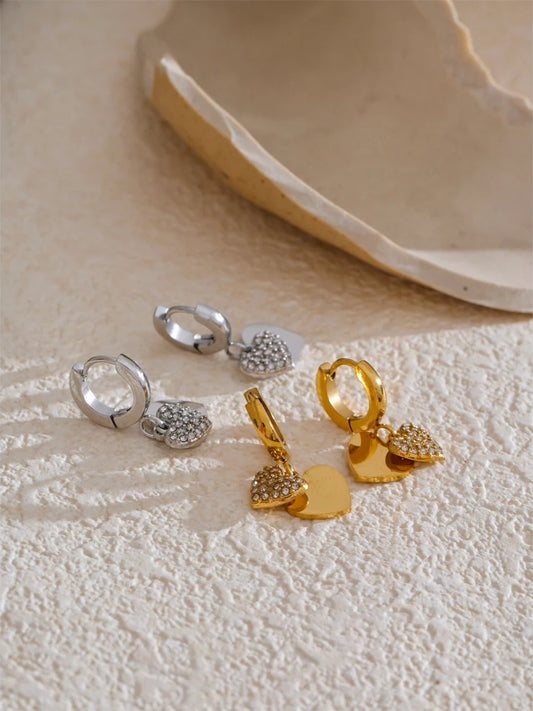 Double heart cubic zirconia drop hoop earrings - product image