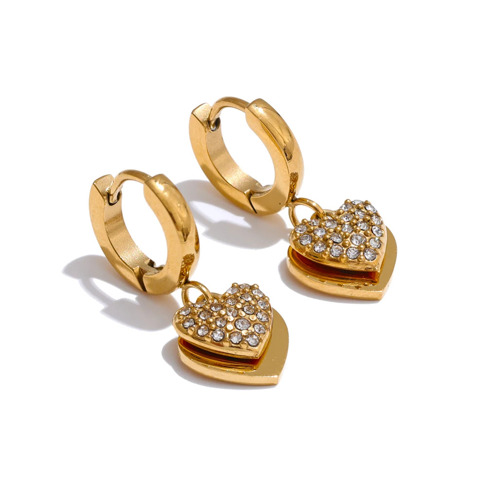 Double heart cubic zirconia drop hoop earrings - product image