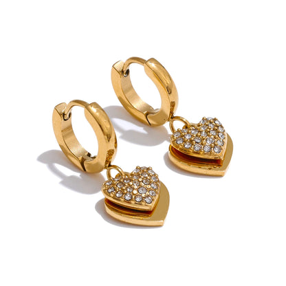 Double heart cubic zirconia drop hoop earrings - product image