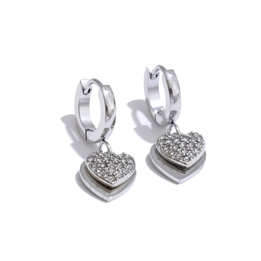 Double heart cubic zirconia drop hoop earrings - product image