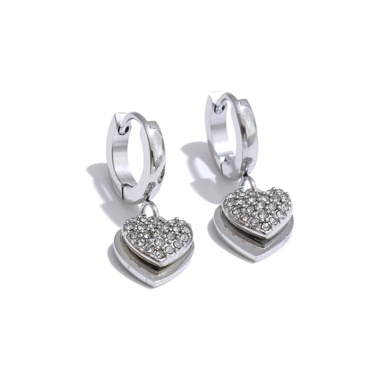 Double heart cubic zirconia drop hoop earrings - product image