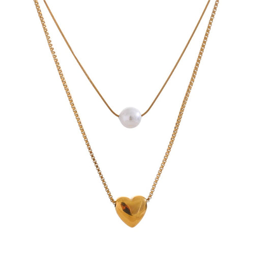 Double layer chain heart pearl pendant necklace - product image