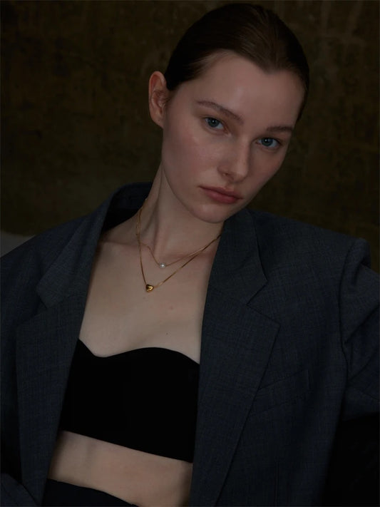 Double layer chain heart pearl pendant necklace - product image