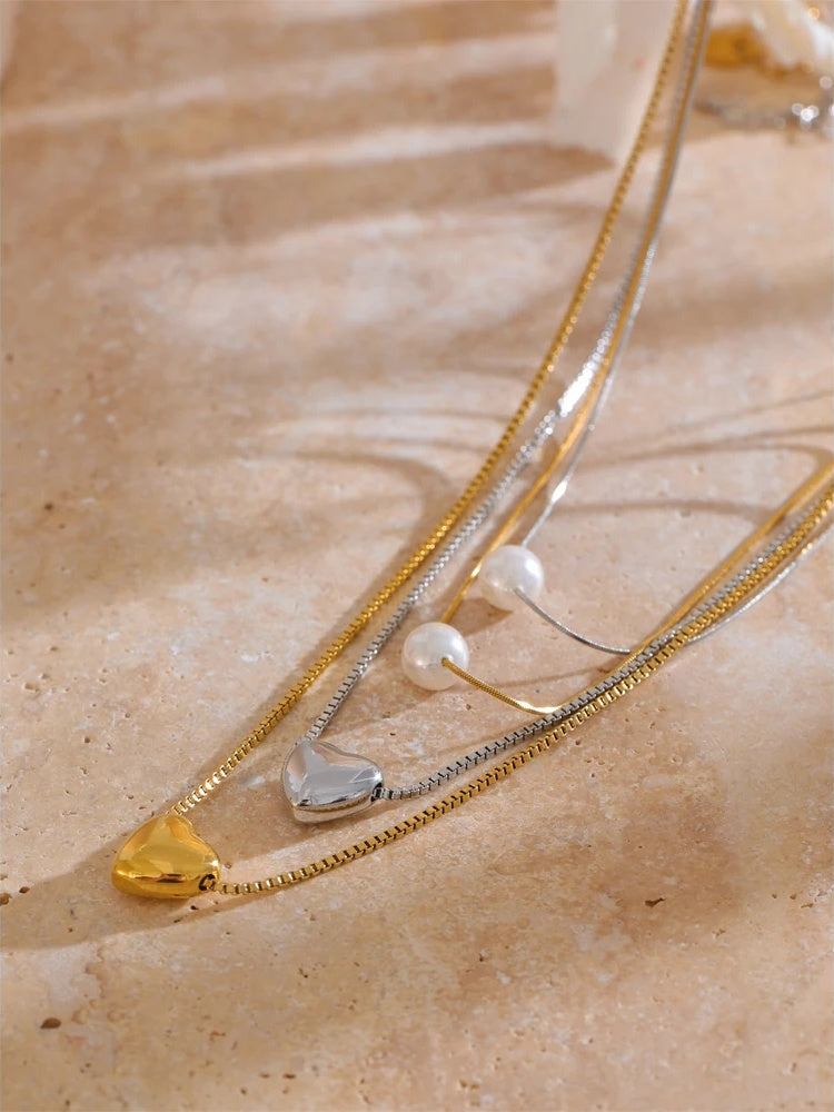 Double layer chain heart pearl pendant necklace - product image