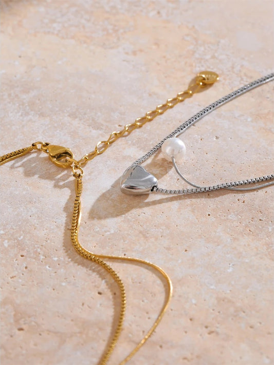 Double layer chain heart pearl pendant necklace - product image