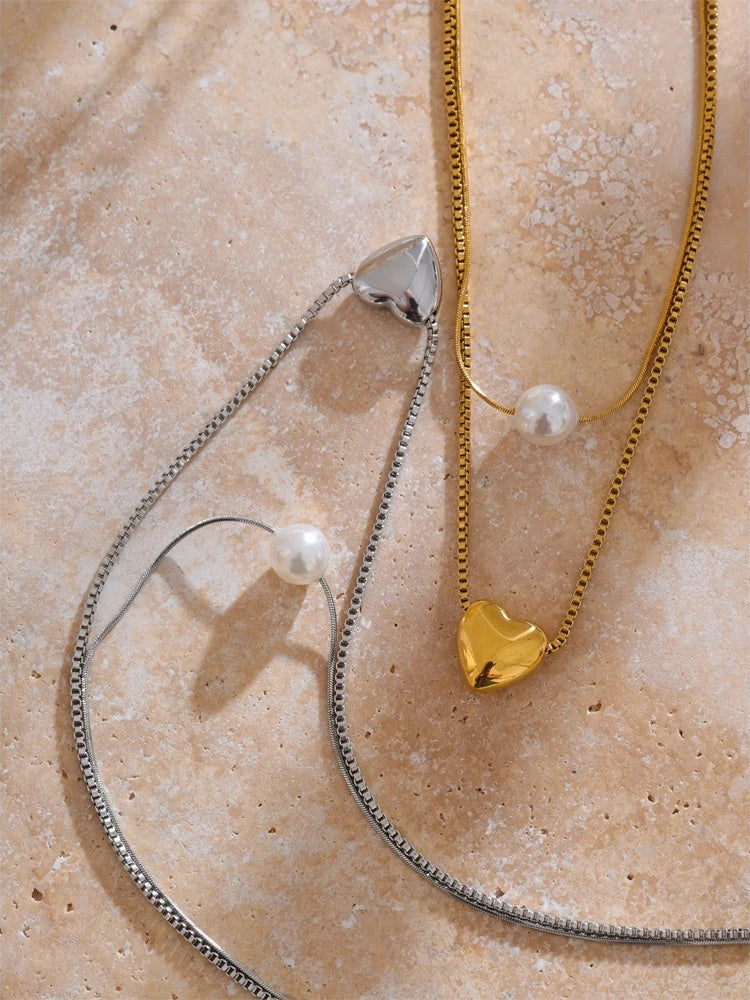 Double layer chain heart pearl pendant necklace - product image