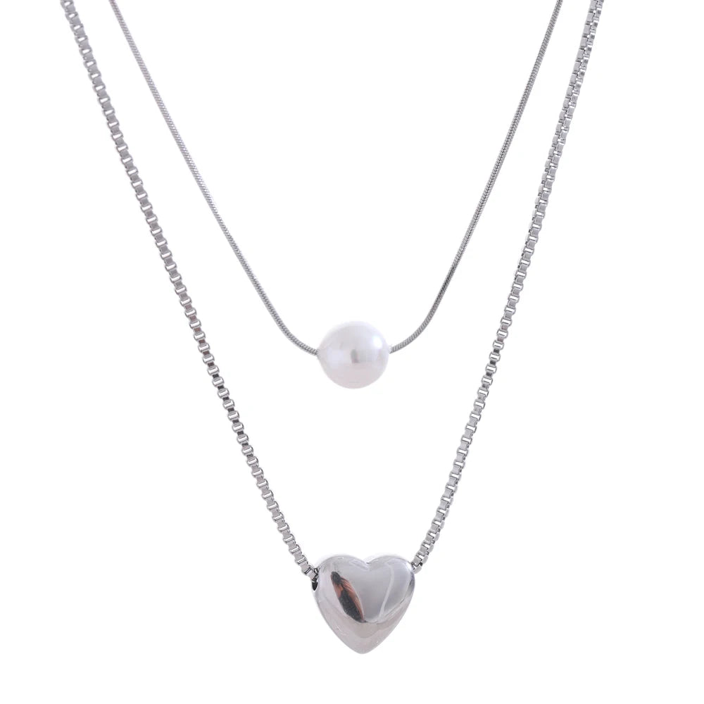 Double layer chain heart pearl pendant necklace - product image