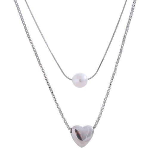 Double layer chain heart pearl pendant necklace - product image