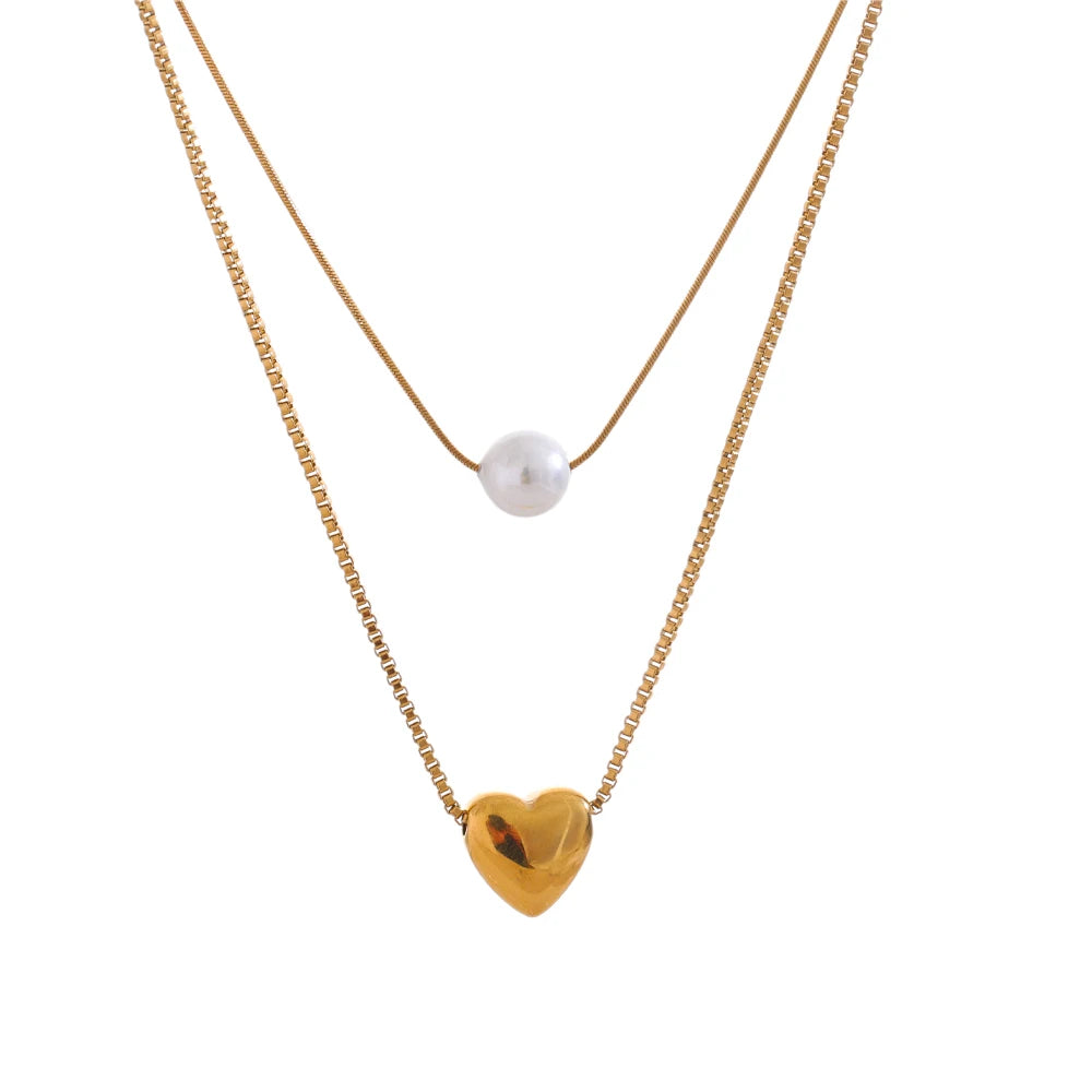Double layer chain heart pearl pendant necklace - product image