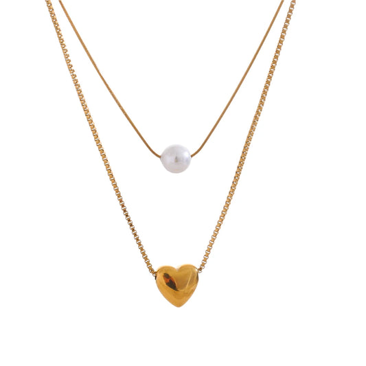 Double layer chain heart pearl pendant necklace - product image