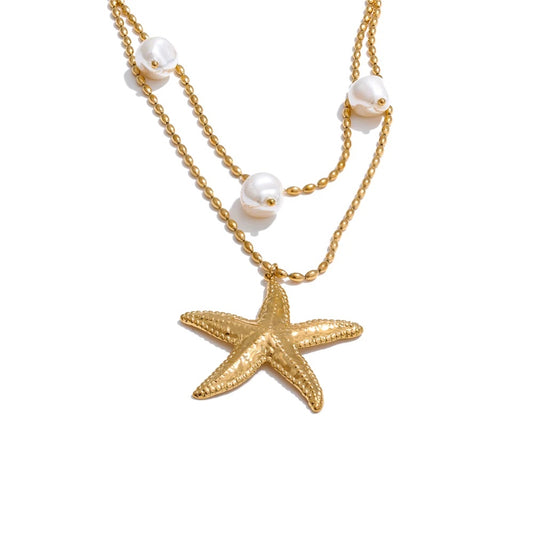 Double layer ocean star simulated pearl pendant necklace - product image