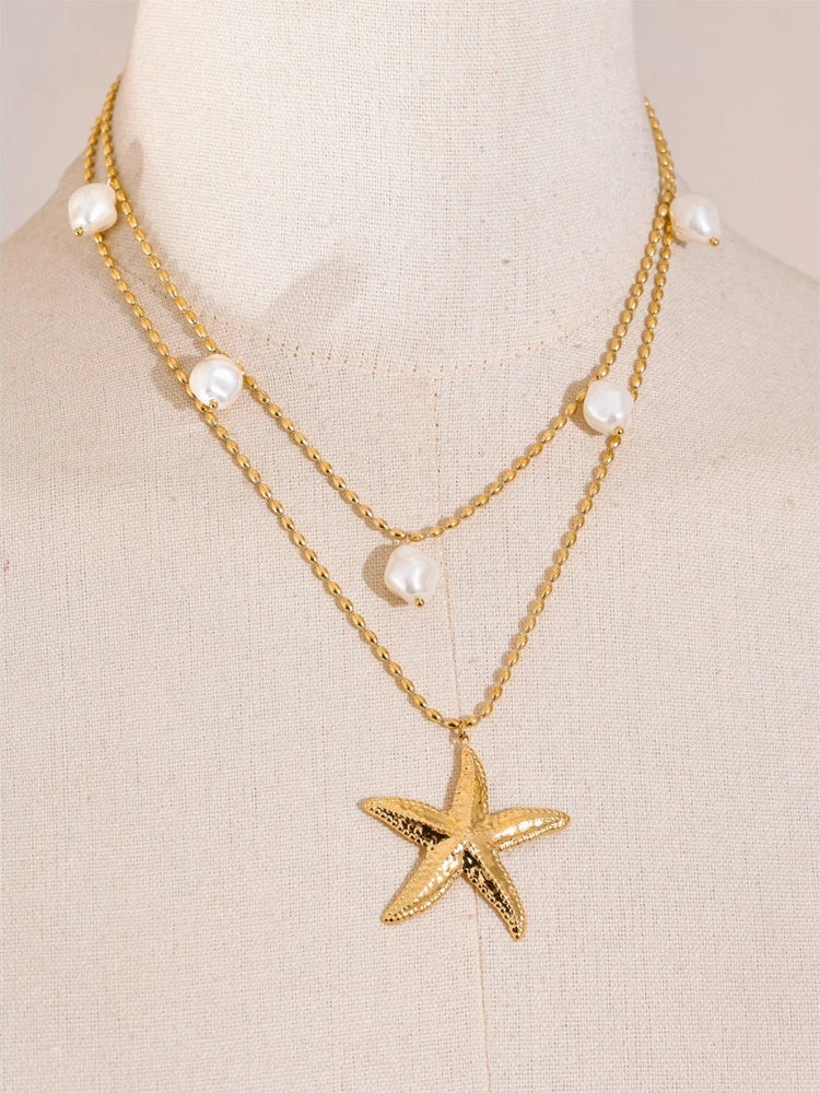 Double layer ocean star simulated pearl pendant necklace - product image