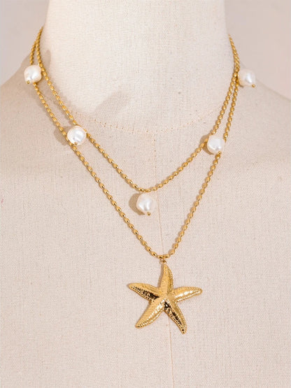 Double layer ocean star simulated pearl pendant necklace - product image