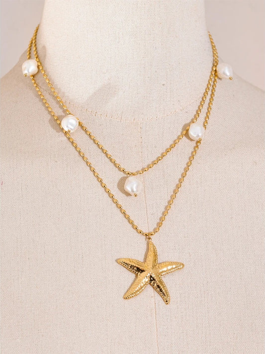 Double layer ocean star simulated pearl pendant necklace - product image