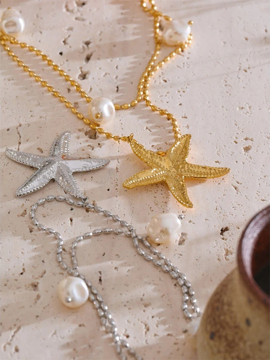Double layer ocean star simulated pearl pendant necklace - product image