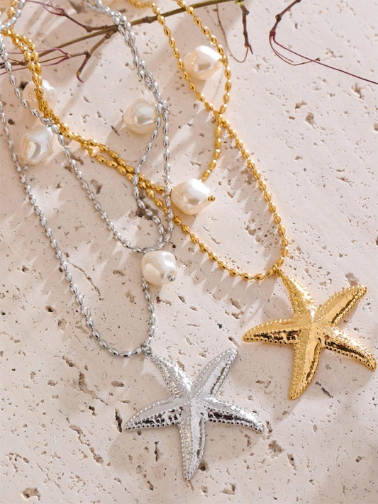 Double layer ocean star simulated pearl pendant necklace - product image