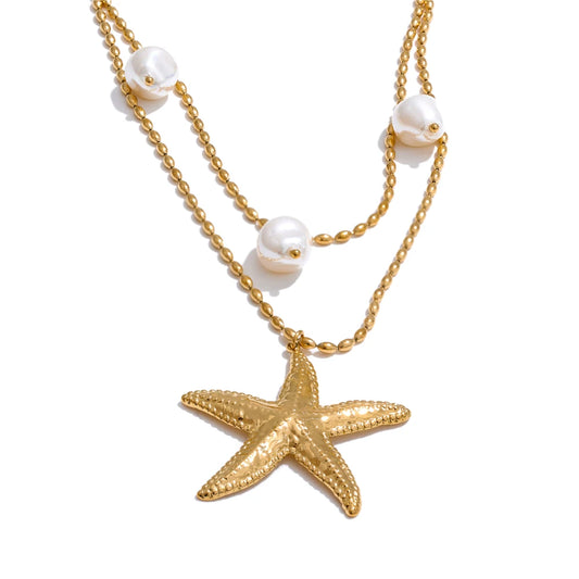 Double layer ocean star simulated pearl pendant necklace - product image
