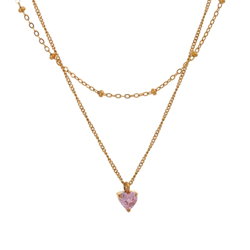 Double-layer stacking chain pink zircon heart necklace - product image
