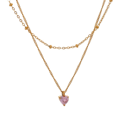 Double-layer stacking chain pink zircon heart necklace - product image