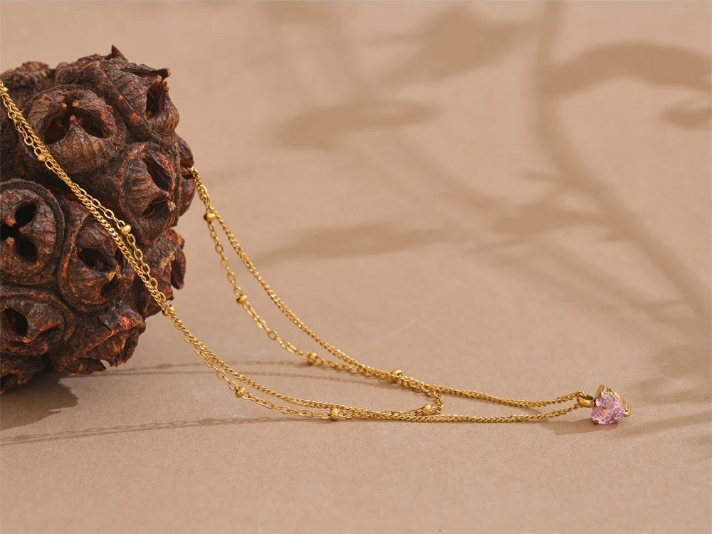 Double-layer stacking chain pink zircon heart necklace - product image