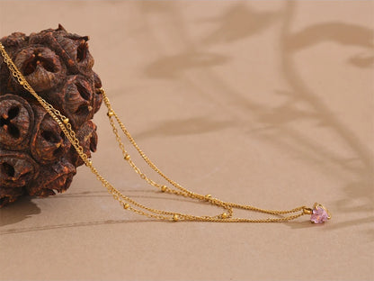 Double-layer stacking chain pink zircon heart necklace - product image
