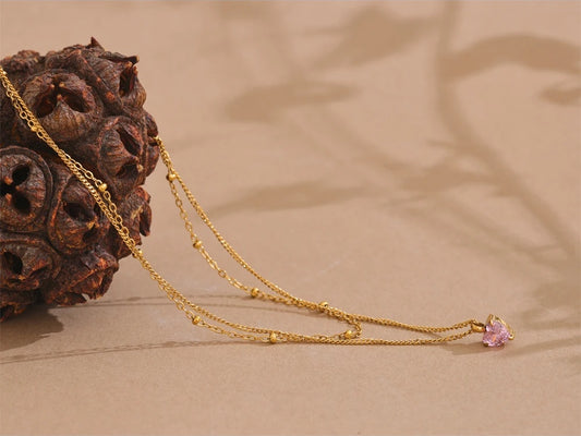 Double-layer stacking chain pink zircon heart necklace - product image