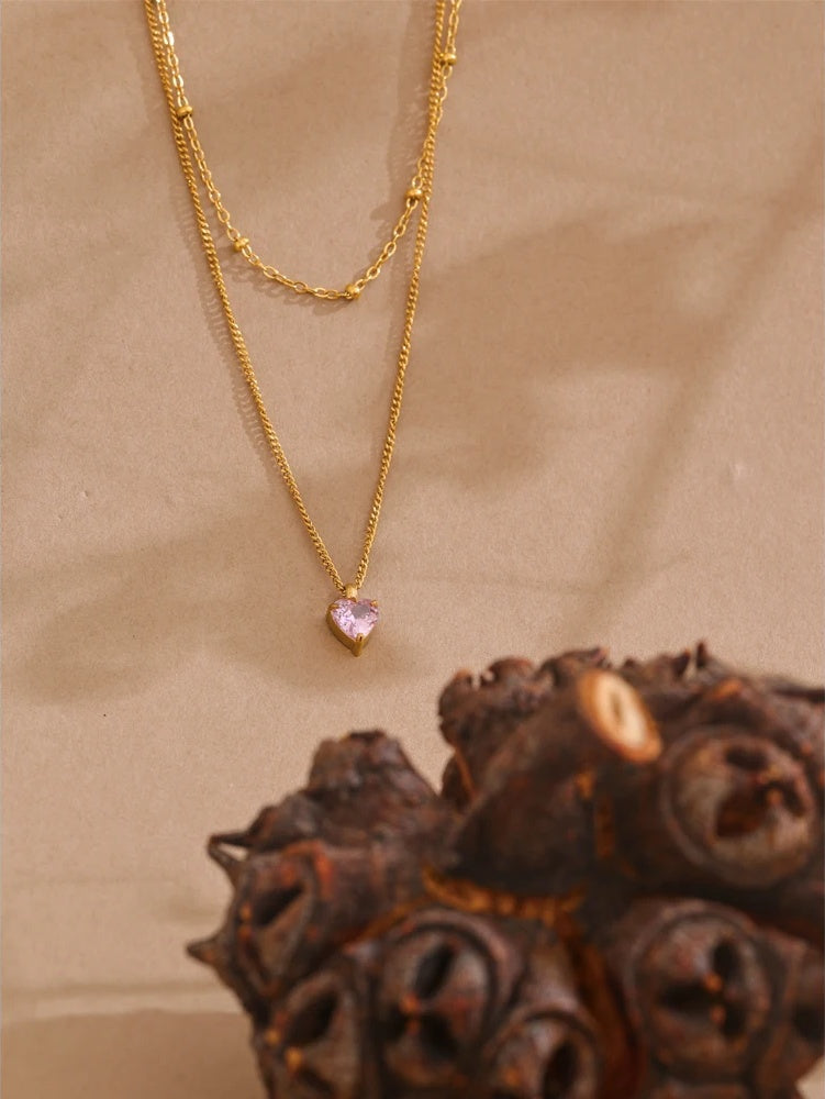 Double-layer stacking chain pink zircon heart necklace - product image