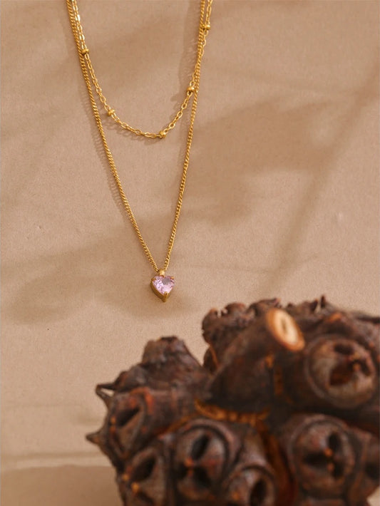 Double-layer stacking chain pink zircon heart necklace - product image