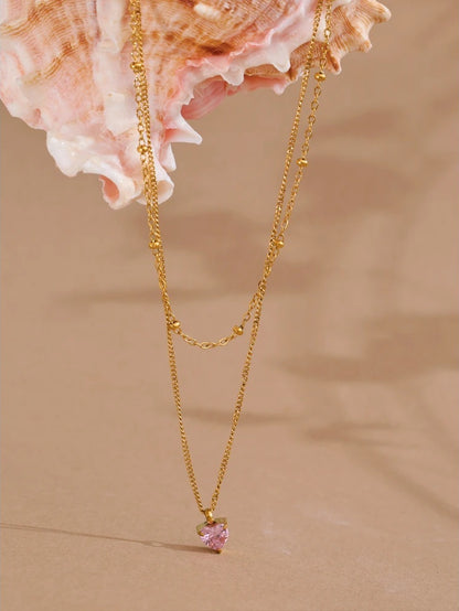 Double-layer stacking chain pink zircon heart necklace - product image