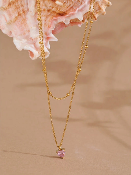 Double-layer stacking chain pink zircon heart necklace - product image