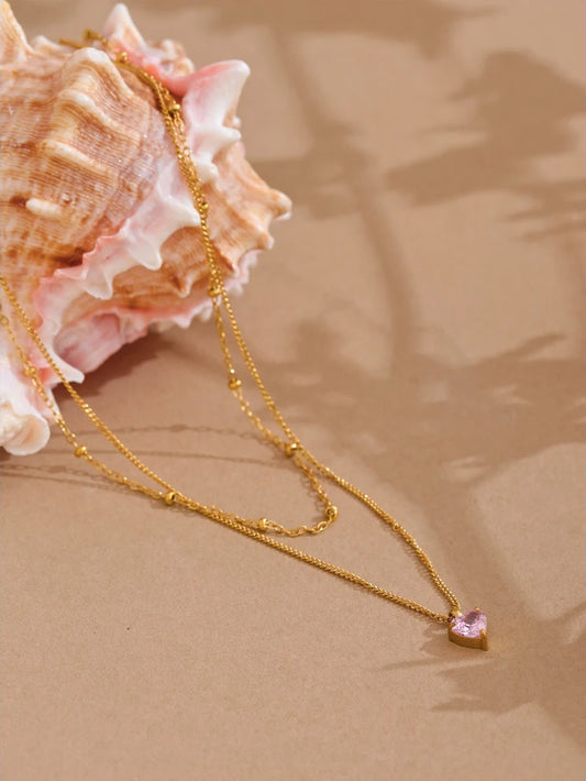 Double-layer stacking chain pink zircon heart necklace - product image