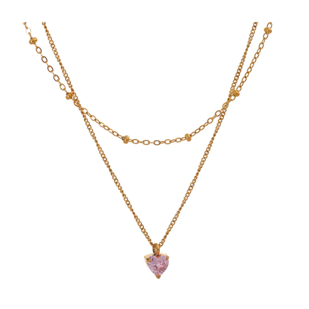 Double-layer stacking chain pink zircon heart necklace - product image