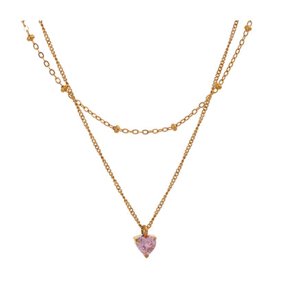 Double-layer stacking chain pink zircon heart necklace - product image