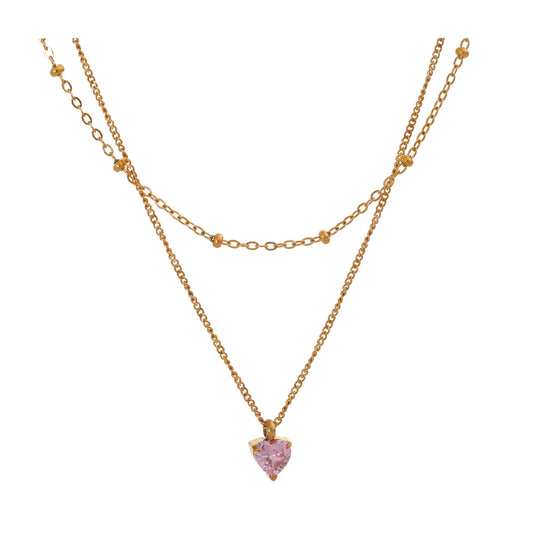 Double-layer stacking chain pink zircon heart necklace - product image