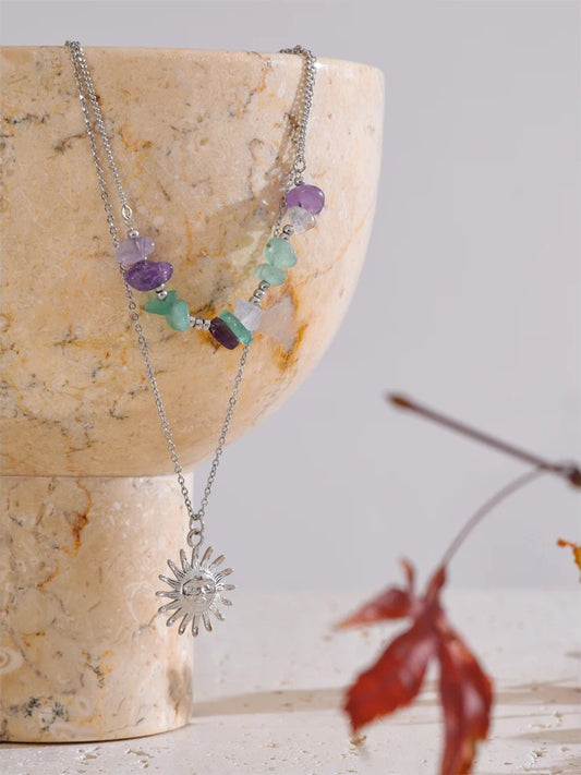 Double-layer stone sun pendant necklace - product image