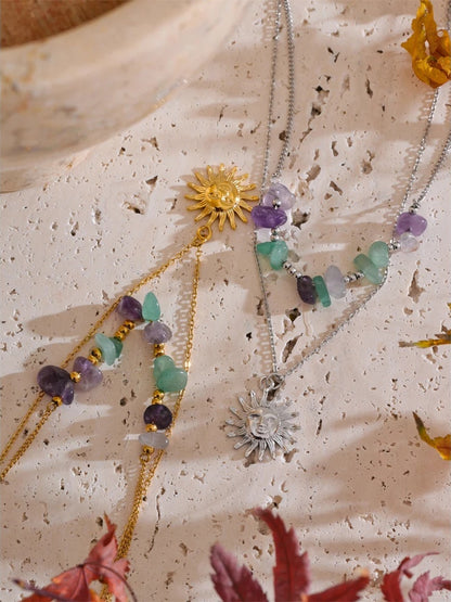 Double-layer stone sun pendant necklace - product image