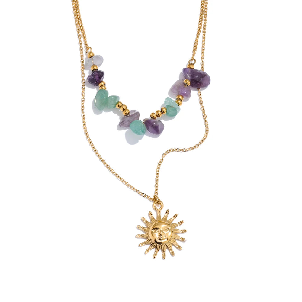 Double-layer stone sun pendant necklace - product image