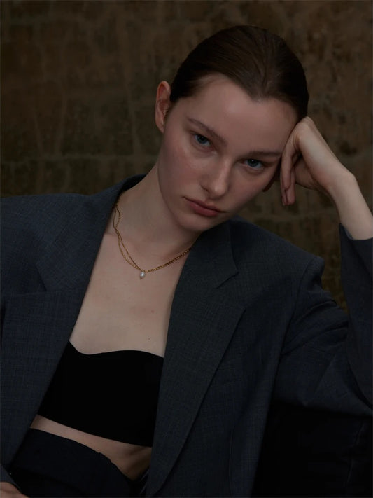 Double-layered chain natural pearl minimalist pendant - product image