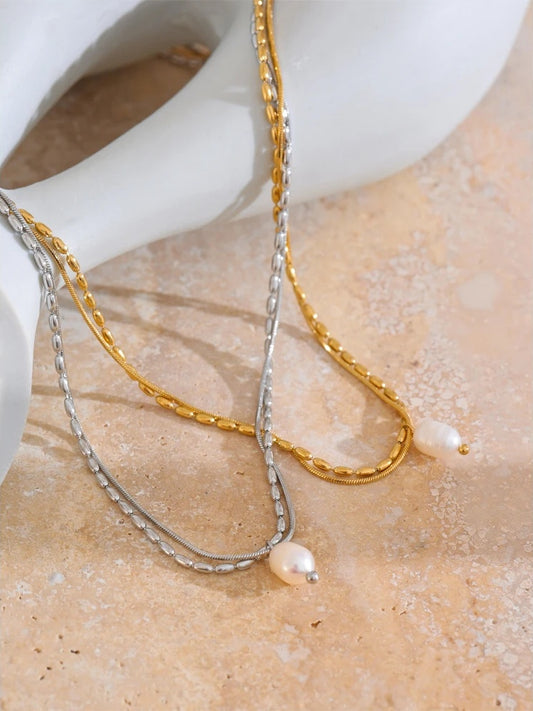 Double-layered chain natural pearl minimalist pendant - product image