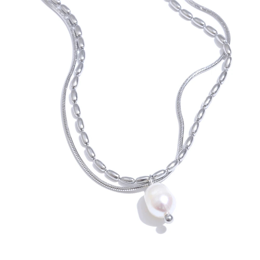 Double-layered chain natural pearl minimalist pendant - product image