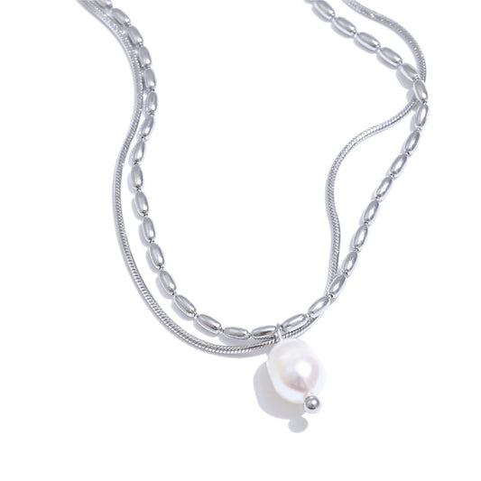 Double-layered chain natural pearl minimalist pendant - product image