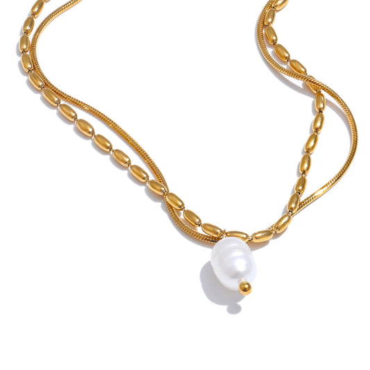 Double-layered chain natural pearl minimalist pendant - product image