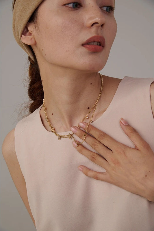 Double layered cubic zirconia bead chain necklace - product image