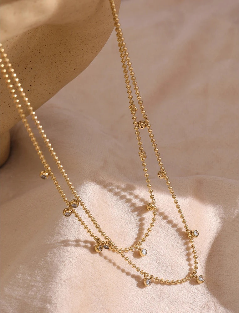 Double layered cubic zirconia bead chain necklace - product image