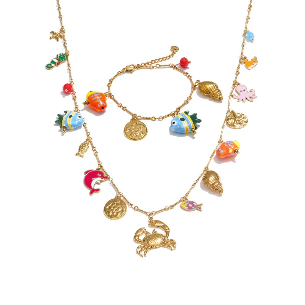 Enamel ceramic fish conch crab necklace bracelet set - product image