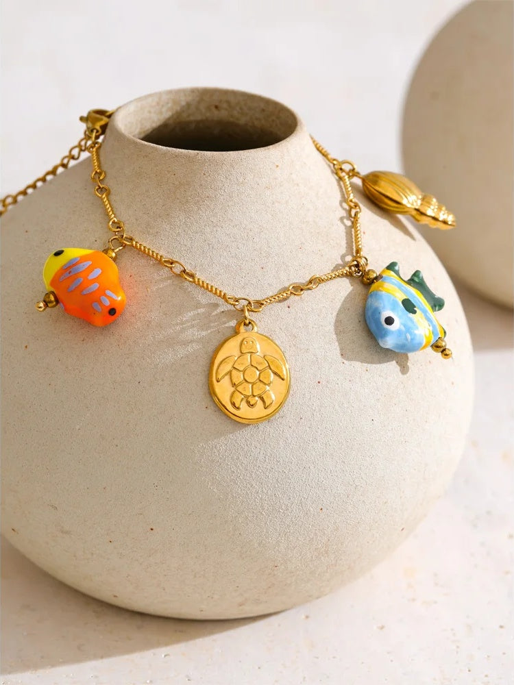 Enamel ceramic fish conch crab necklace bracelet set - product image