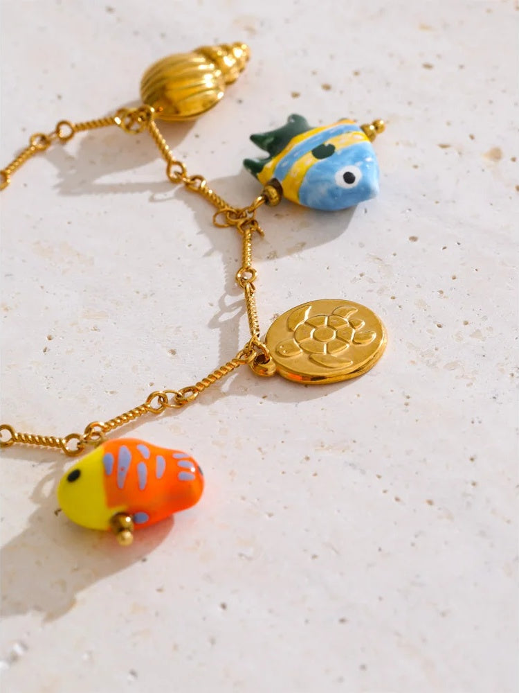 Enamel ceramic fish conch crab necklace bracelet set - product image